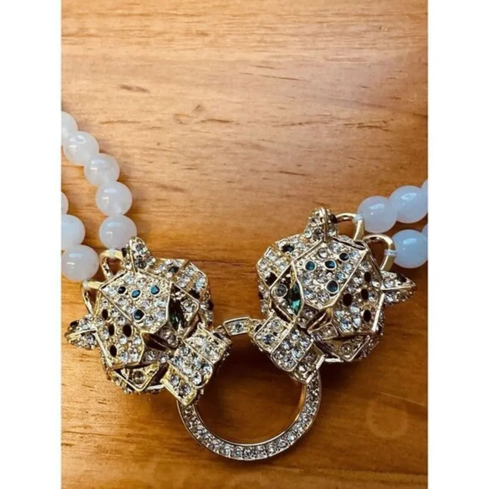 Eye Candy Los‎ Angeles Agate Double Panther Head Crystal Pave Necklace Gold Tone